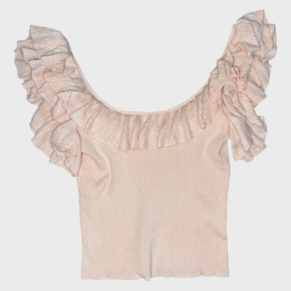Lulus Medium Blush Pink Ruffled Ribbed Tank Top Scoop Neck Romantic Cottagecore - Picture 1 of 6